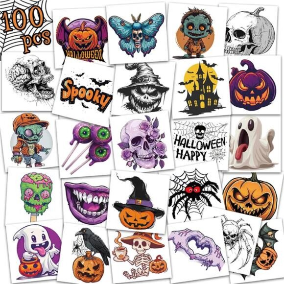 100 Pcs (2" x 2") Halloween Temporary Tattoos Stickers, Featuring Horror - Picture 1 of 7